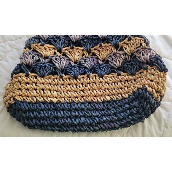 Woven Corn Husk Purse Handbag Tote Beach Straw Blue Tan 14x14 - Picture 2 of 9